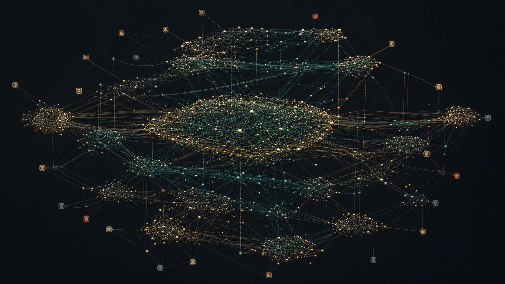 Layered graph topology with connected evidence clusters and validation paths