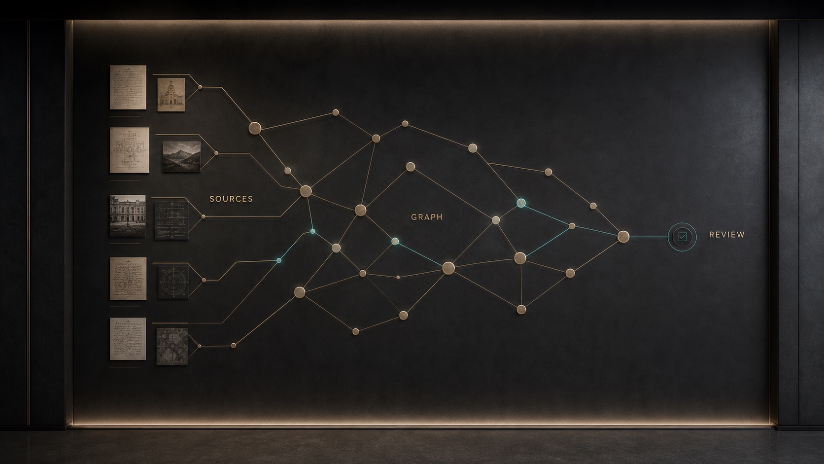 Graph process connecting sources, graph reasoning, and review